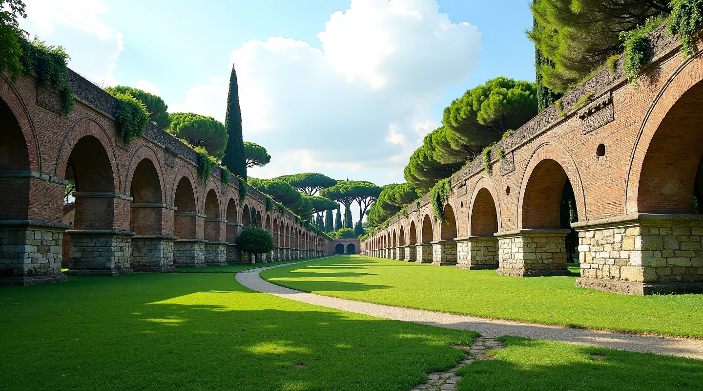 Rovine di un antico acquedotto romano immerso in un paesaggio verde con alberi storici