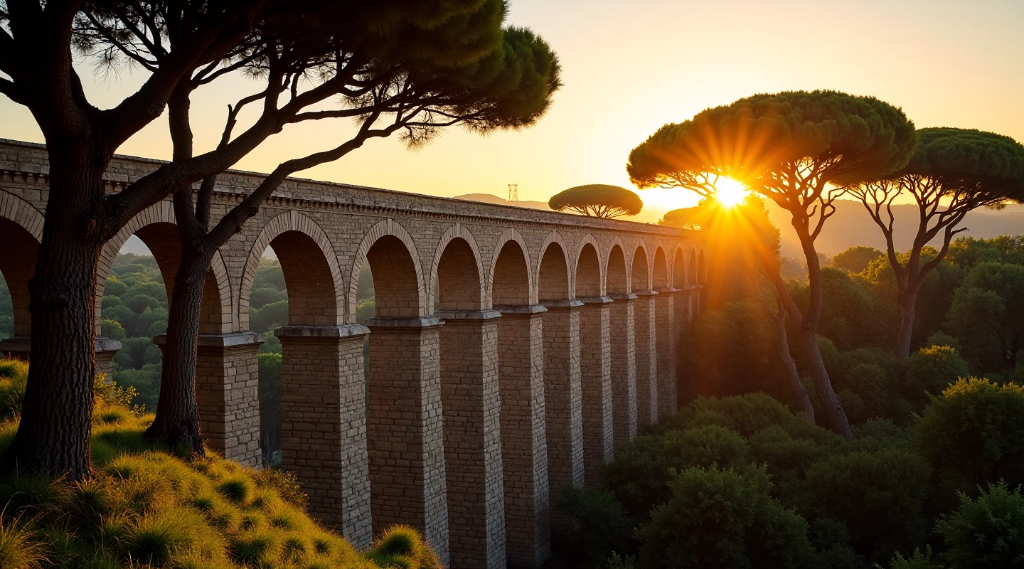 Antico acquedotto romano in travertino con archi restaurati, alberi di pino circostanti, luce dorata del tramonto, Roma