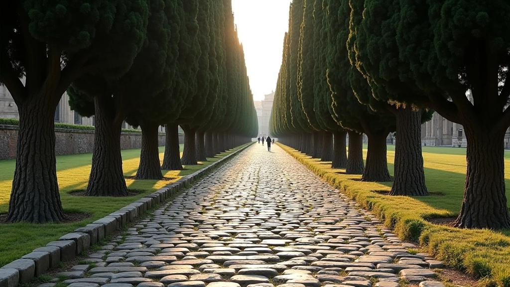 Via Appia con resti di basoli romani e cipressi