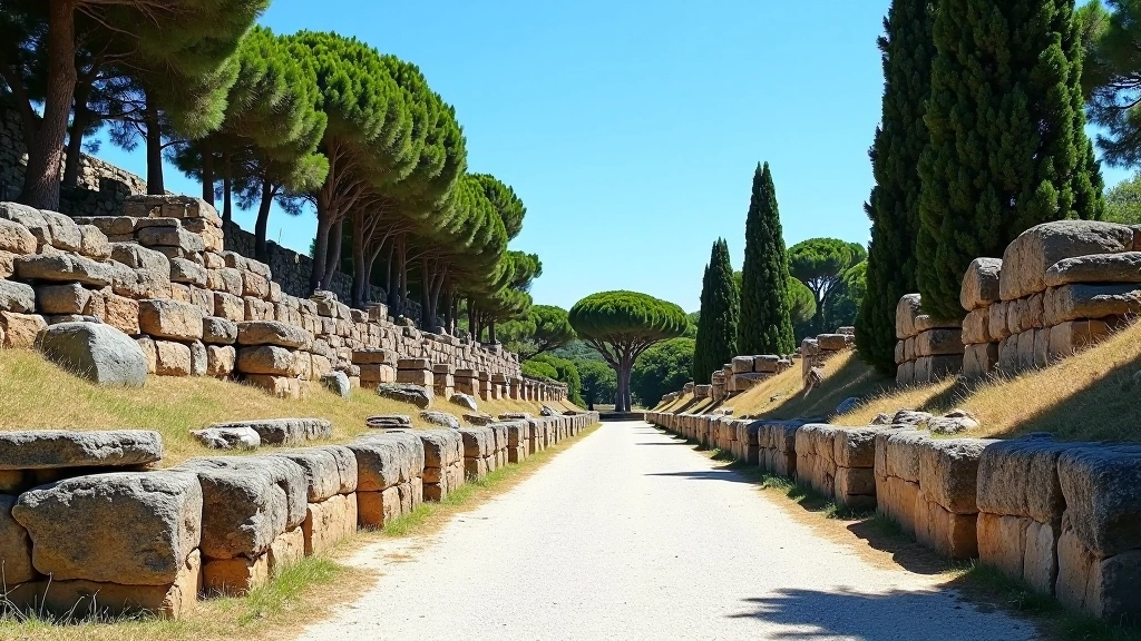 Tomba di Cecilia Metella circondata da rovine romane, strada in selciato romano, alberi di pino lungo il percorso, cielo azzurro