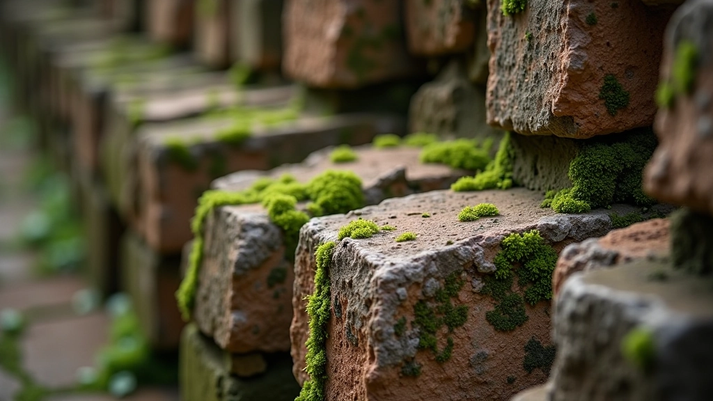 Dettagli di rovine romane: frammenti di muri, mattoni, muschio