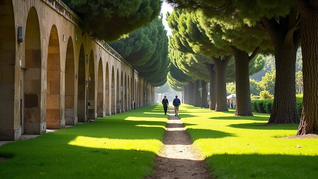 Sentiero erboso che corre accanto agli archi dell'acquedotto, alberi di pino domestico, ombra naturale, una coppia anziana cammina in lontananza, Roma parco urbano