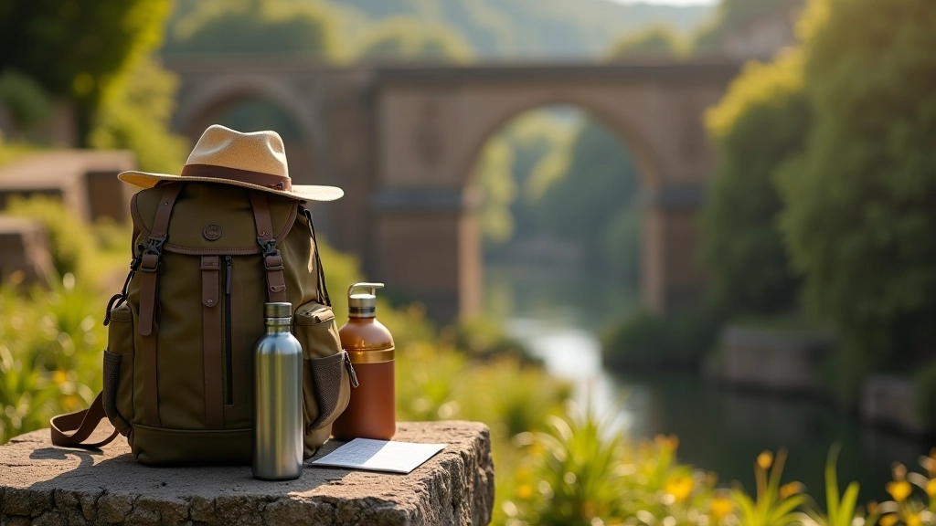 Zaino da trekking con attrezzatura essenziale su una panca di pietra accanto all'acquedotto, bottiglia d'acqua riutilizzabile, cappello e mappa, luce naturale mattutina