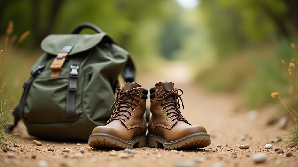 Dettaglio di scarpe da trekking e zaino su sentiero di sabbia rossa, attrezzatura da escursione professionale