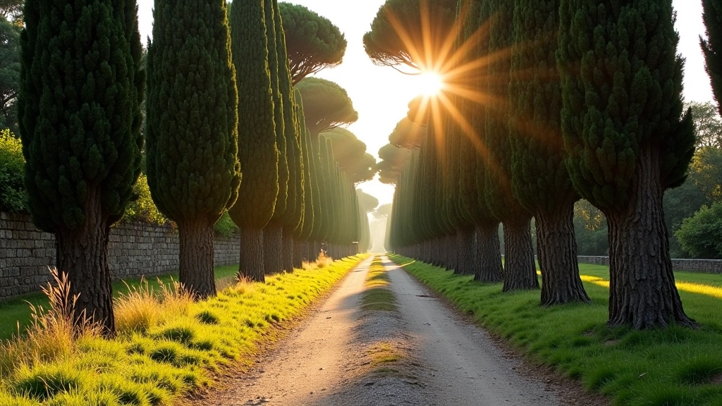La Via Appia Antica con sentieri storici e rovine romane circondate da vegetazione