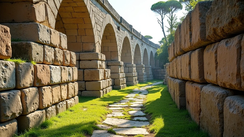 Grandi blocchi di travertino impilati nell'acquedotto romano, giunture visibili tra le pietre, muschio verde negli interstizi, luce solare che crea ombre sulle facce squadrate