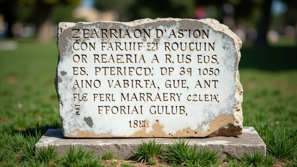 Targa commemorativa in marmo bianco con iscrizione latina intatta, lettere profonde e nitide, erba e licheni attorno alla base, contesto archeologico