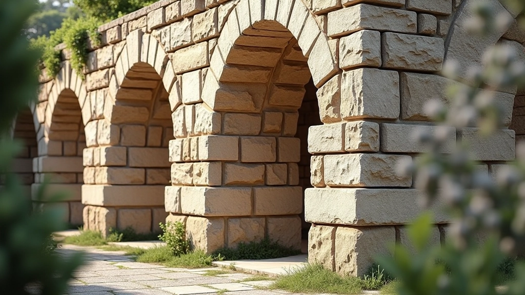 Sezione verticale di arcata romana in travertino, vista da vicino dei blocchi di pietra squadrata, muschio leggero, dettagli architettonici ben visibili, illuminazione naturale laterale