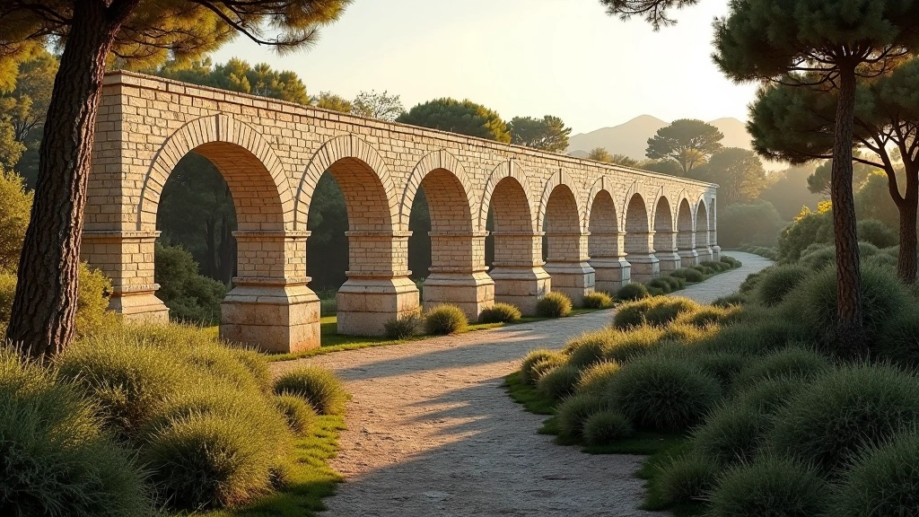 Segmento restaurato di acquedotto romano in travertino bianco, con archi ben conservati, circondato da vegetazione mediterranea, Roma archeologica