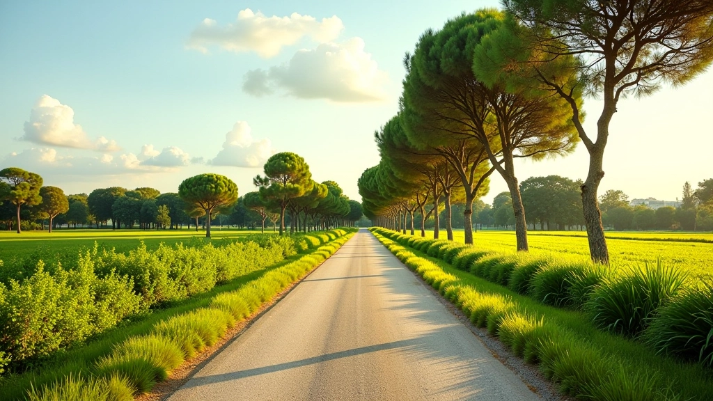 Strada romana attraversa campagna verdeggiante, alberi sparsi, cielo aperto, paesaggio agricolo romano, luce naturale del pomeriggio