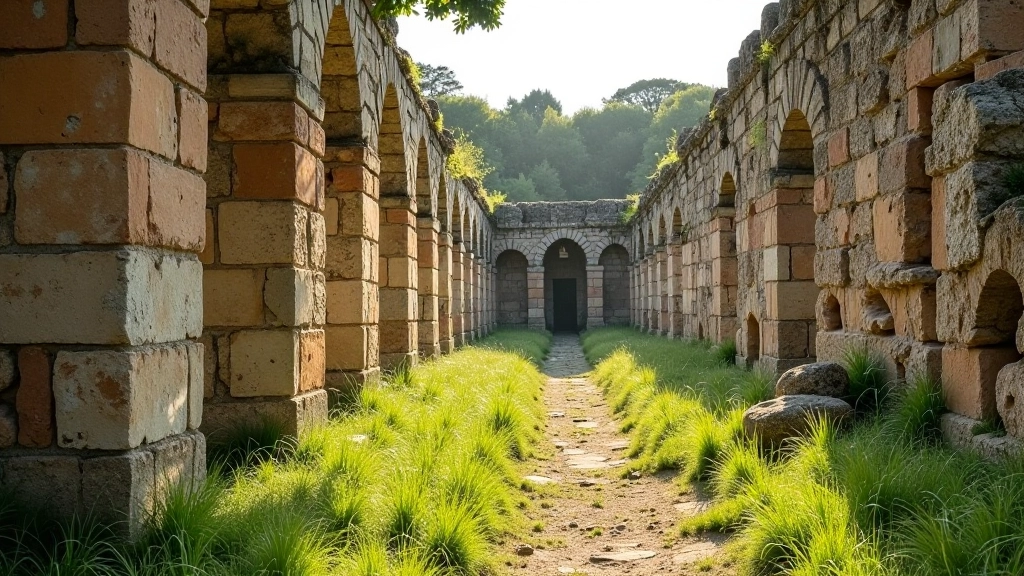 Rovine di villa romana con muri in travertino, resti di colonne, erba selvatica, sole che filtra tra le pietre antiche