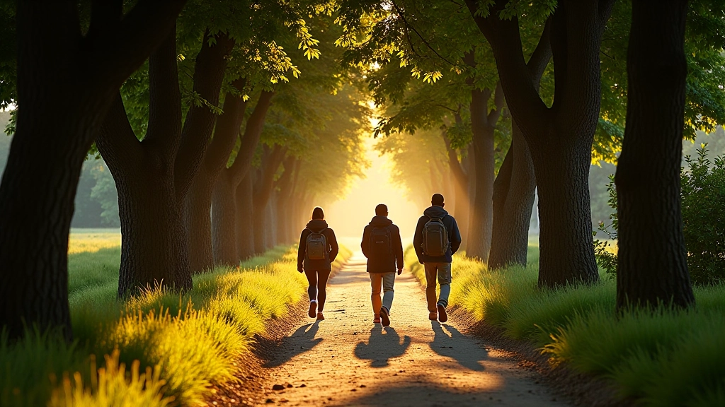 Sentiero ombreggiato con alberi verdi lungo l'Appia Antica, escursionisti che camminano al tramonto, luce dorata