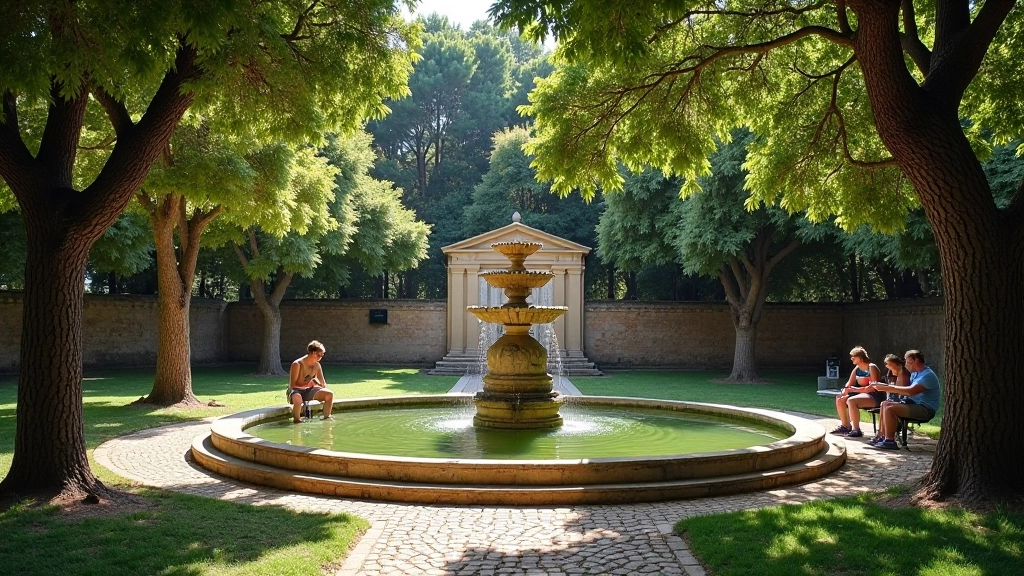 Fontana pubblica romana (nasone) circondata da alberi, con escursionisti che si fermano per bere, parco archeologico