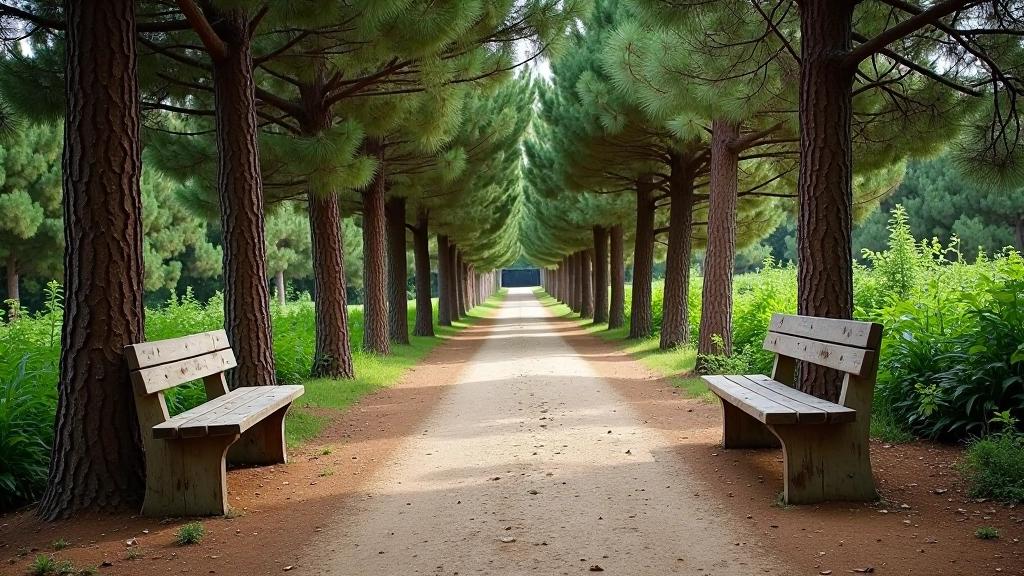Sentiero ben mantenuto tra alberi di pino, panchine di legno posizionate strategicamente, superfici stabili e piatte, ambiente tranquillo e naturale, Roma