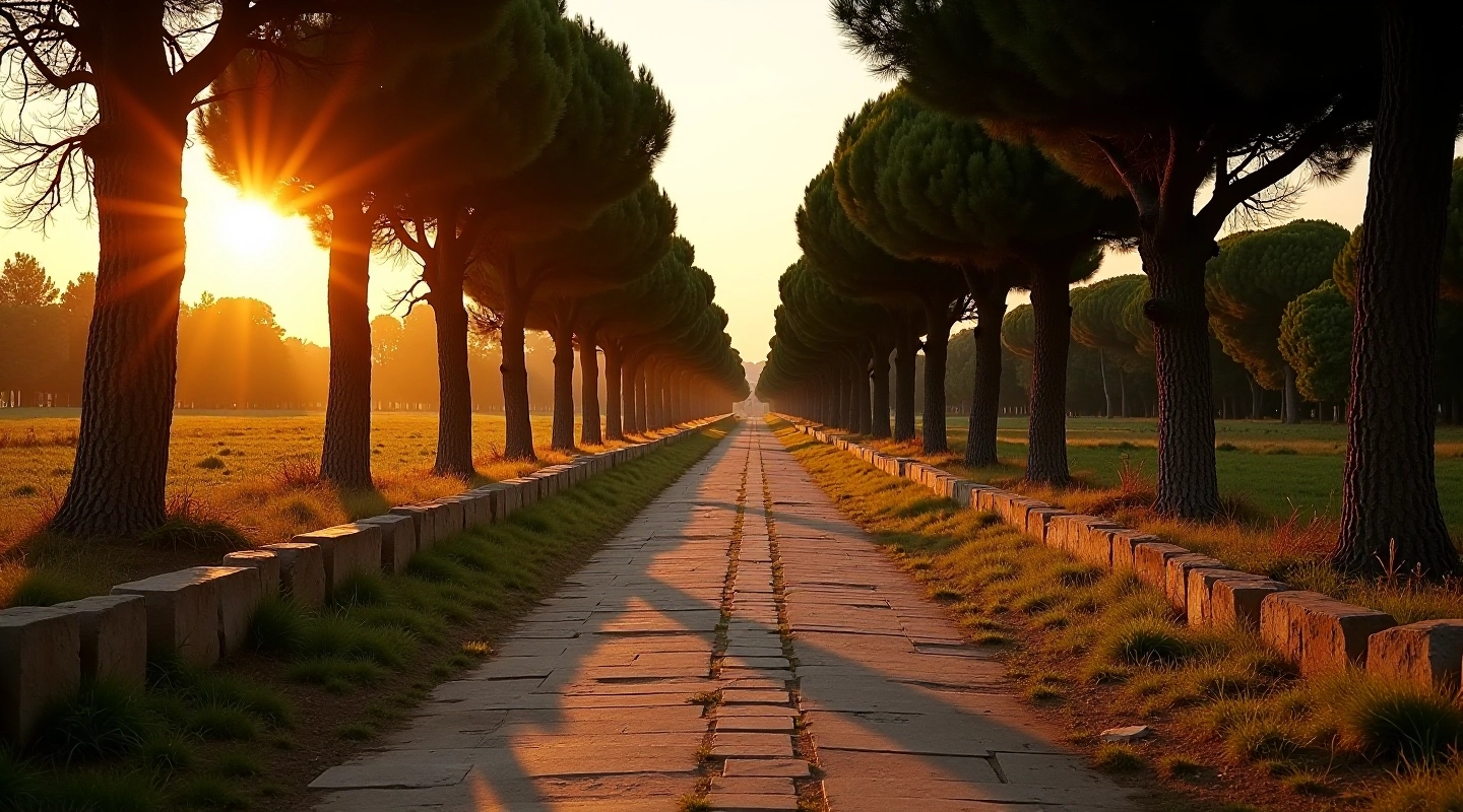 Sentiero panoramico lungo i resti di un antico acquedotto romano, circondato da alberi di pino e vegetazione, con rovine in travertino sotto la luce dorata del tramonto a Roma
